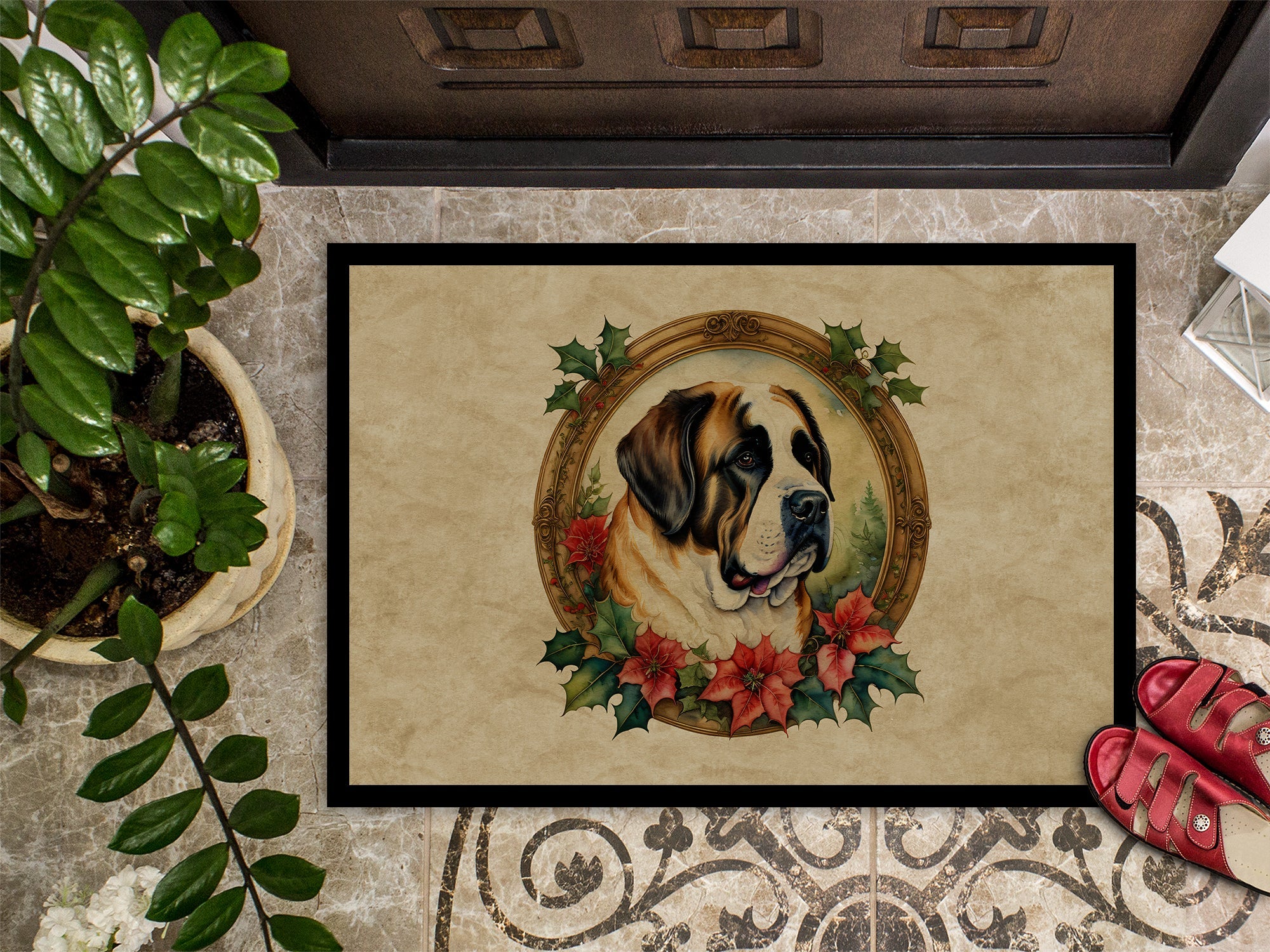 Saint Bernard Christmas Flowers Doormat Indoor Outdoor 24H X 36W Front Door Mat Rugs for Entryway, Non Slip Washable Low Pile,