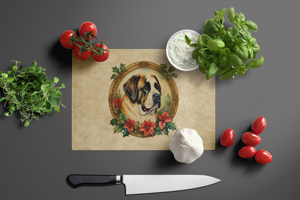 Saint Bernard Christmas Flowers Cutting Board Tempered Glass Kitchen Cutting Surface, Heat Resistant Chopping, Non-Slip Feet, Food Prep & Serving
