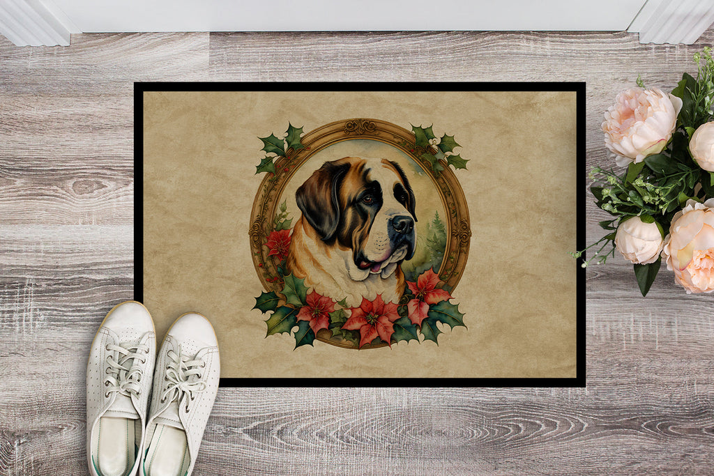 Saint Bernard Christmas Flowers Doormat Indoor Outdoor 18H X 27W Front Door Mat Rugs for Entryway, Non Slip Washable