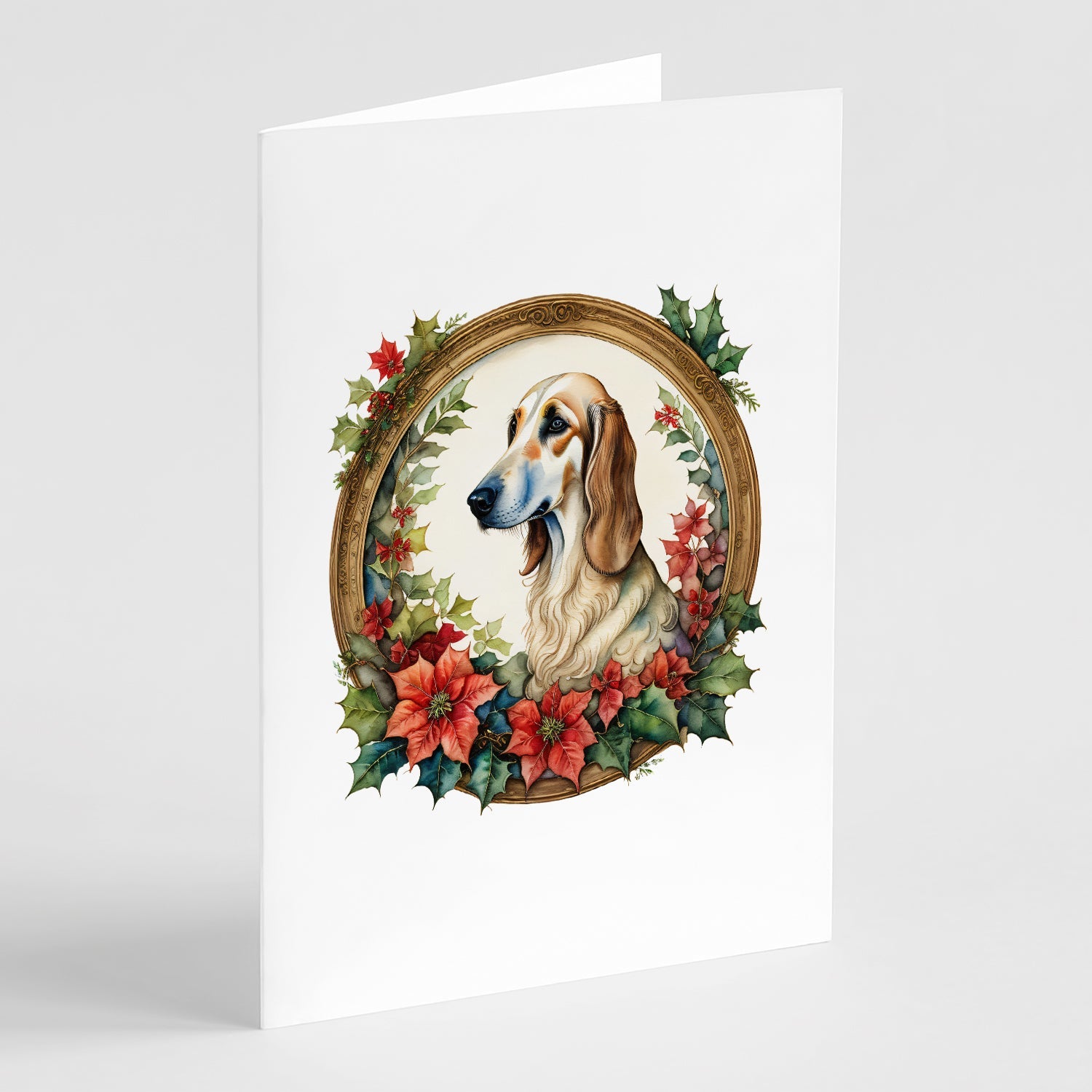 Saluki Christmas Flowers Greeting Cards Pack of 8 Blank Cards with Envelopes Whimsical A7 Size 5x7