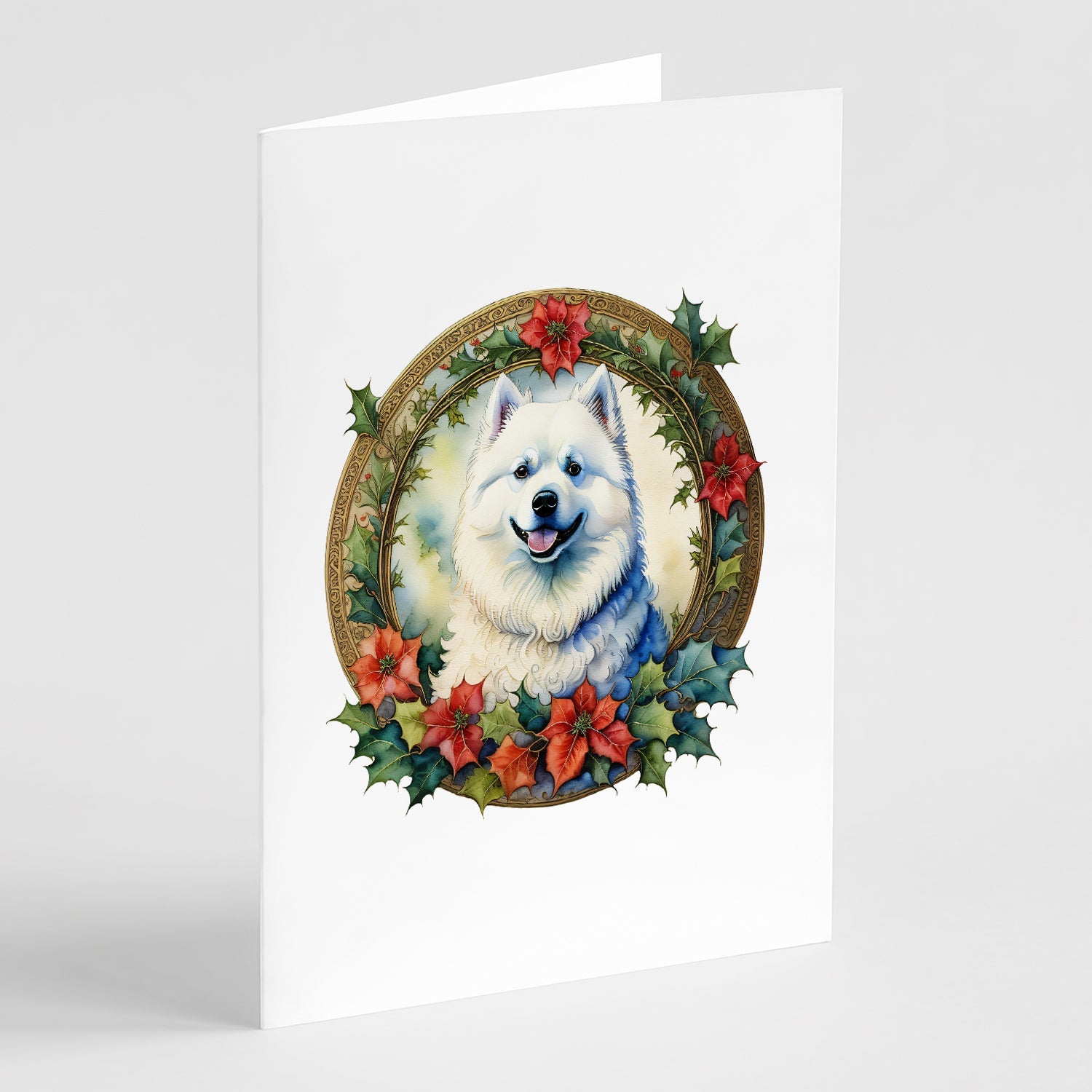 Samoyed Christmas Flowers Greeting Cards Pack of 8 Blank Cards with Envelopes Whimsical A7 Size 5x7
