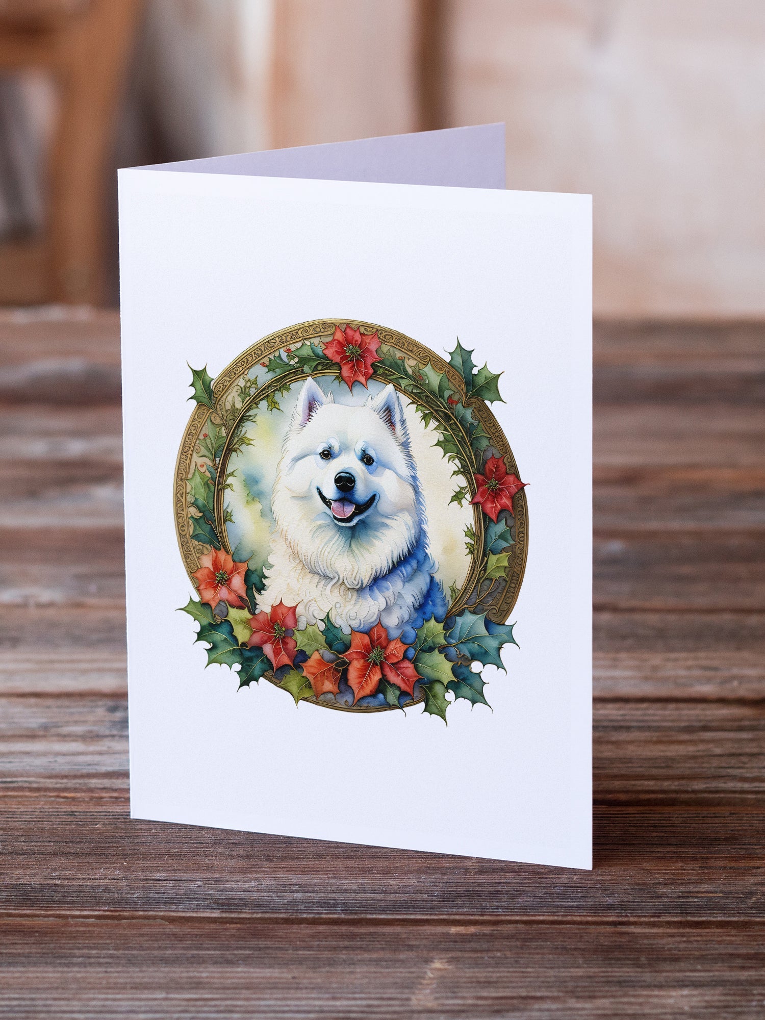 Samoyed Christmas Flowers Greeting Cards Pack of 8 Blank Cards with Envelopes Whimsical A7 Size 5x7