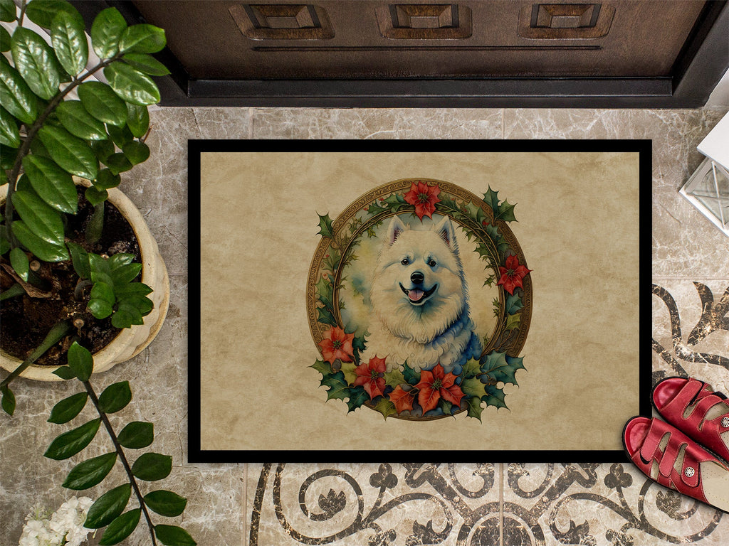 Samoyed Christmas Flowers Doormat Indoor Outdoor 18H X 27W Front Door Mat Rugs for Entryway, Non Slip Washable