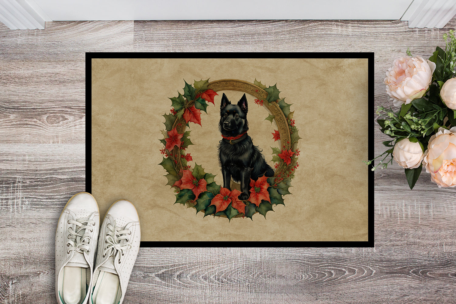 Schipperke Christmas Flowers Doormat Indoor Outdoor 18H X 27W Front Door Mat Rugs for Entryway, Non Slip Washable