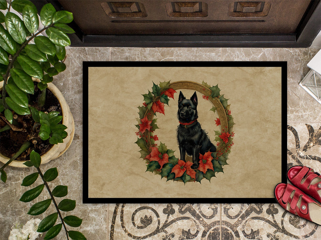 Schipperke Christmas Flowers Doormat Indoor Outdoor 18H X 27W Front Door Mat Rugs for Entryway, Non Slip Washable