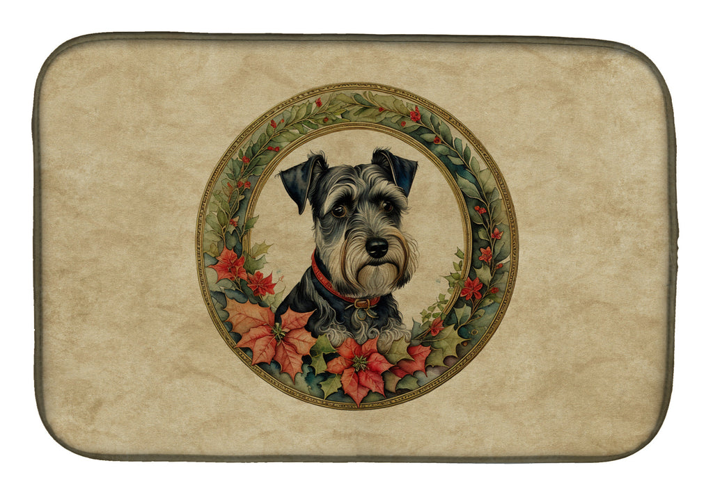 Schnauzer Christmas Flowers Dish Drying Mat Absorbent Dish Drying Mat Pad for Kitchen Counter Dish Drainer Mat for Countertop, 14 x 21", Multicolor