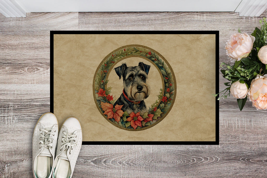 Schnauzer Christmas Flowers Doormat Indoor Outdoor 18H X 27W Front Door Mat Rugs for Entryway, Non Slip Washable