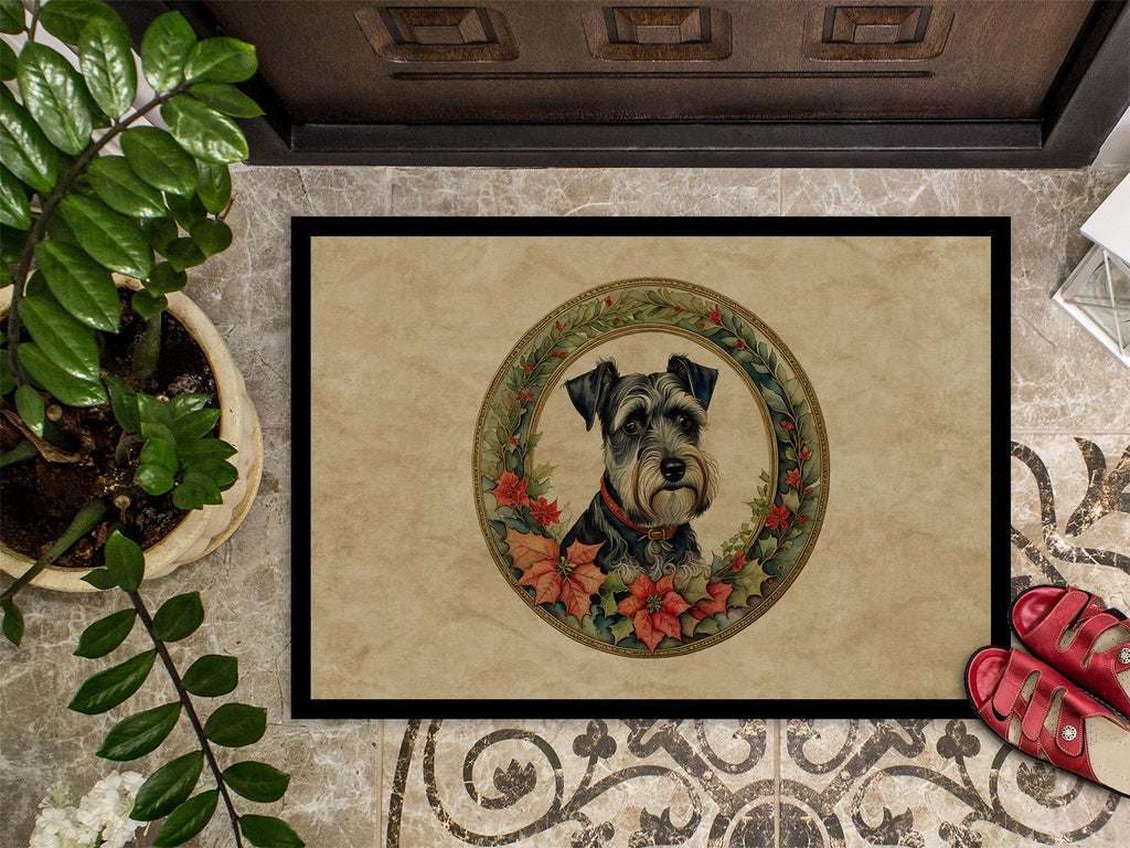 Schnauzer Christmas Flowers Doormat Indoor Outdoor 18H X 27W Front Door Mat Rugs for Entryway, Non Slip Washable