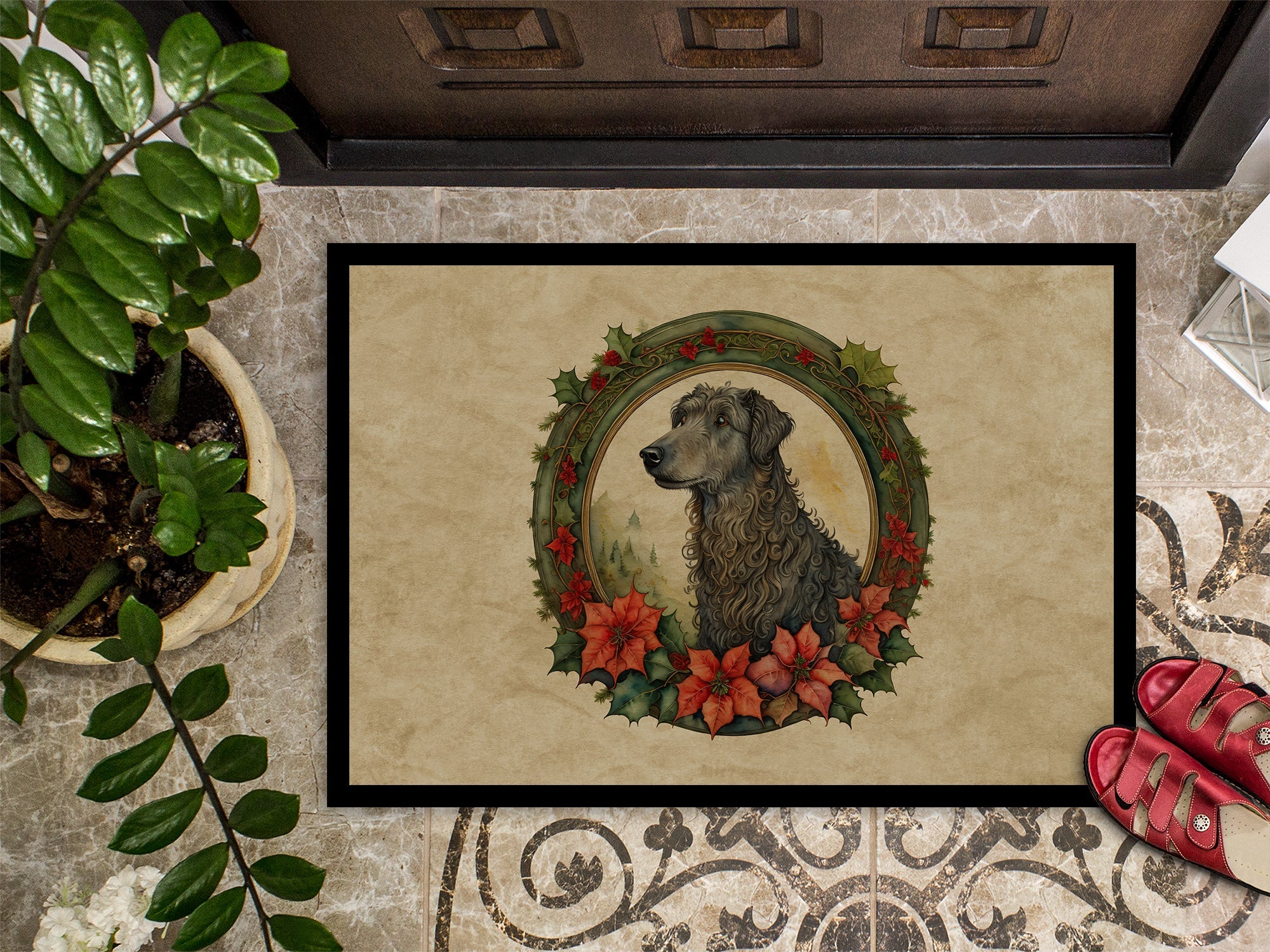 Scottish Deerhound Christmas Flowers Doormat Indoor Outdoor 18H X 27W Front Door Mat Rugs for Entryway, Non Slip Washable