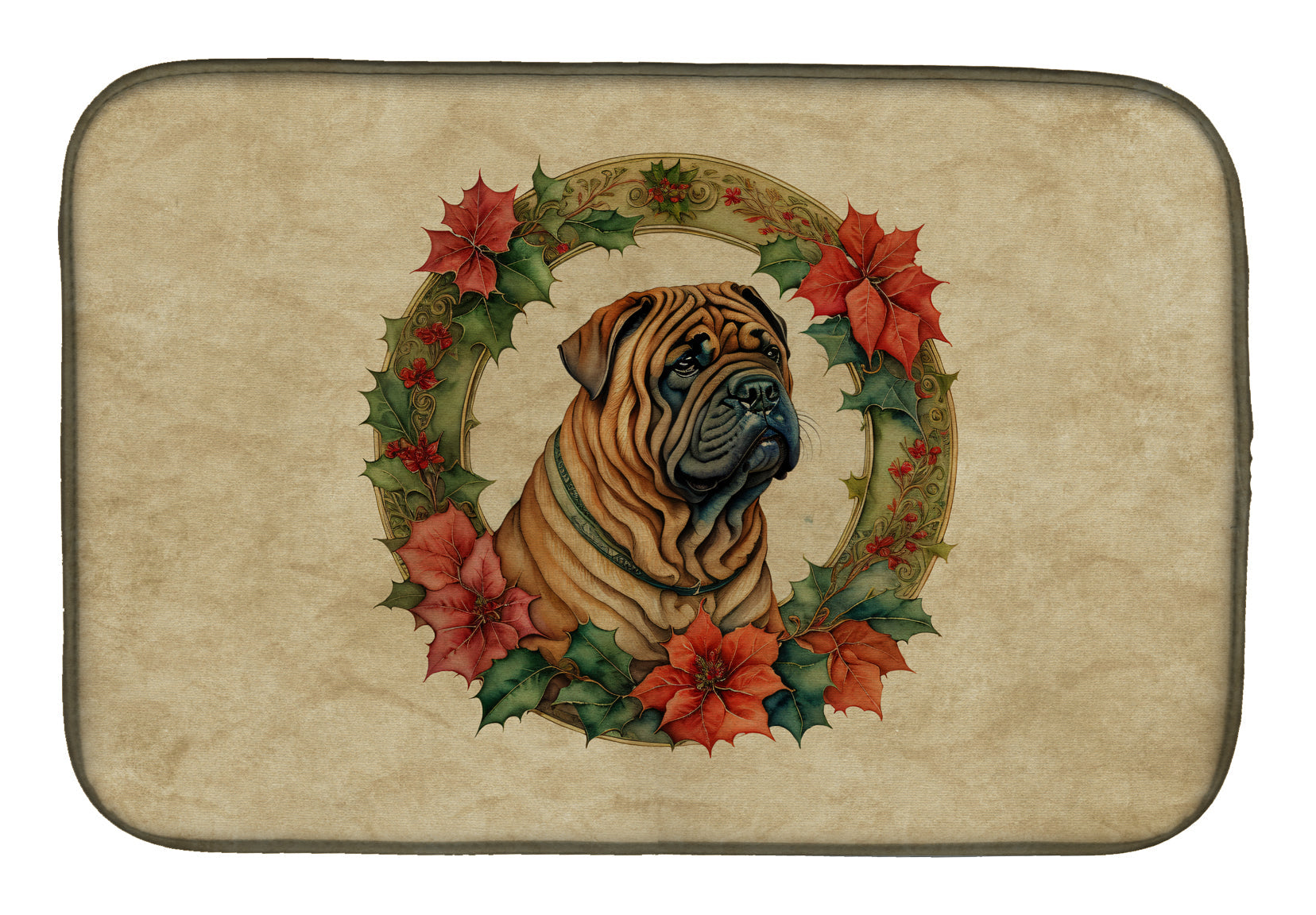 Shar Pei Christmas Flowers Dish Drying Mat Absorbent Dish Drying Mat Pad for Kitchen Counter Dish Drainer Mat for Countertop, 14 x 21", Multicolor