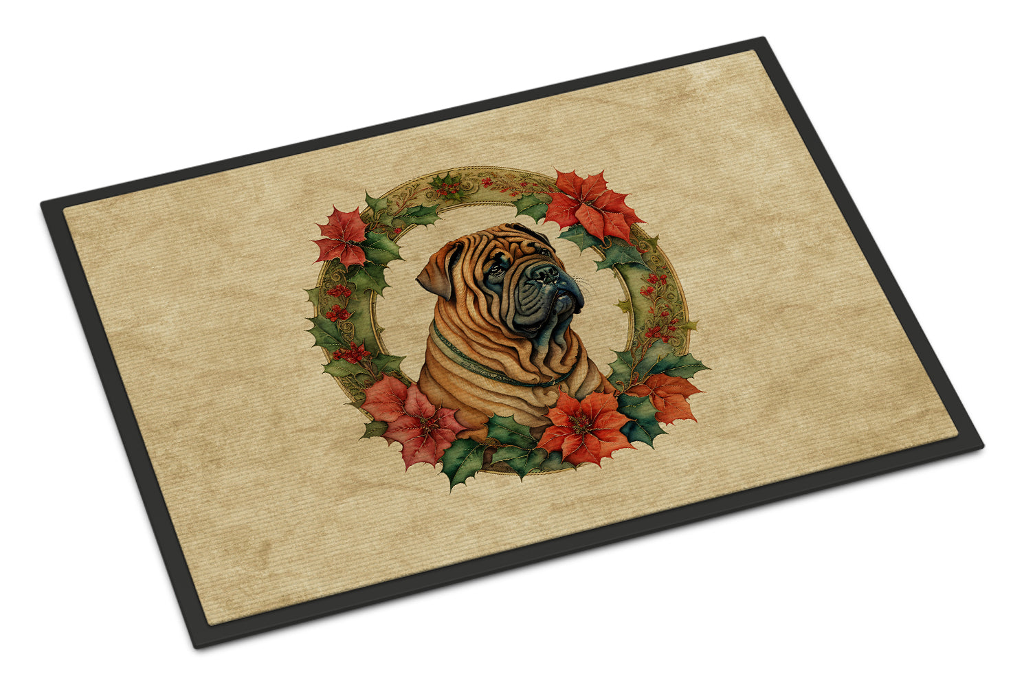Shar Pei Christmas Flowers Doormat Indoor Outdoor 24H X 36W Front Door Mat Rugs for Entryway, Non Slip Washable Low Pile,