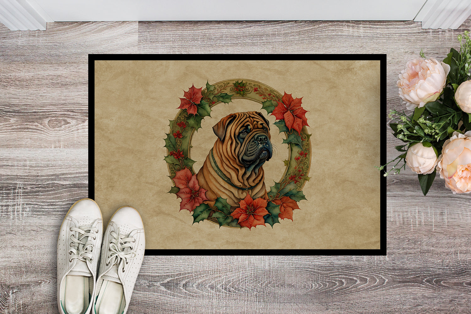 Shar Pei Christmas Flowers Doormat Indoor Outdoor 24H X 36W Front Door Mat Rugs for Entryway, Non Slip Washable Low Pile,
