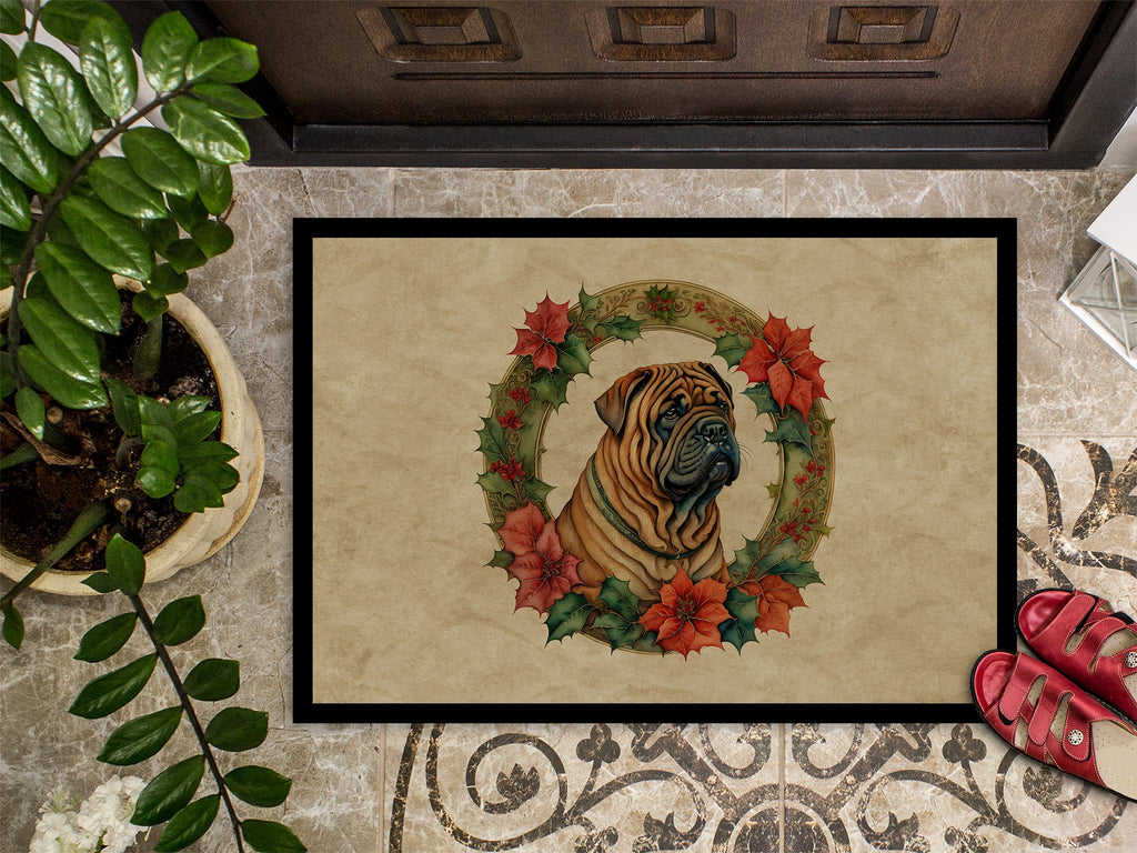 Shar Pei Christmas Flowers Doormat Indoor Outdoor 18H X 27W Front Door Mat Rugs for Entryway, Non Slip Washable