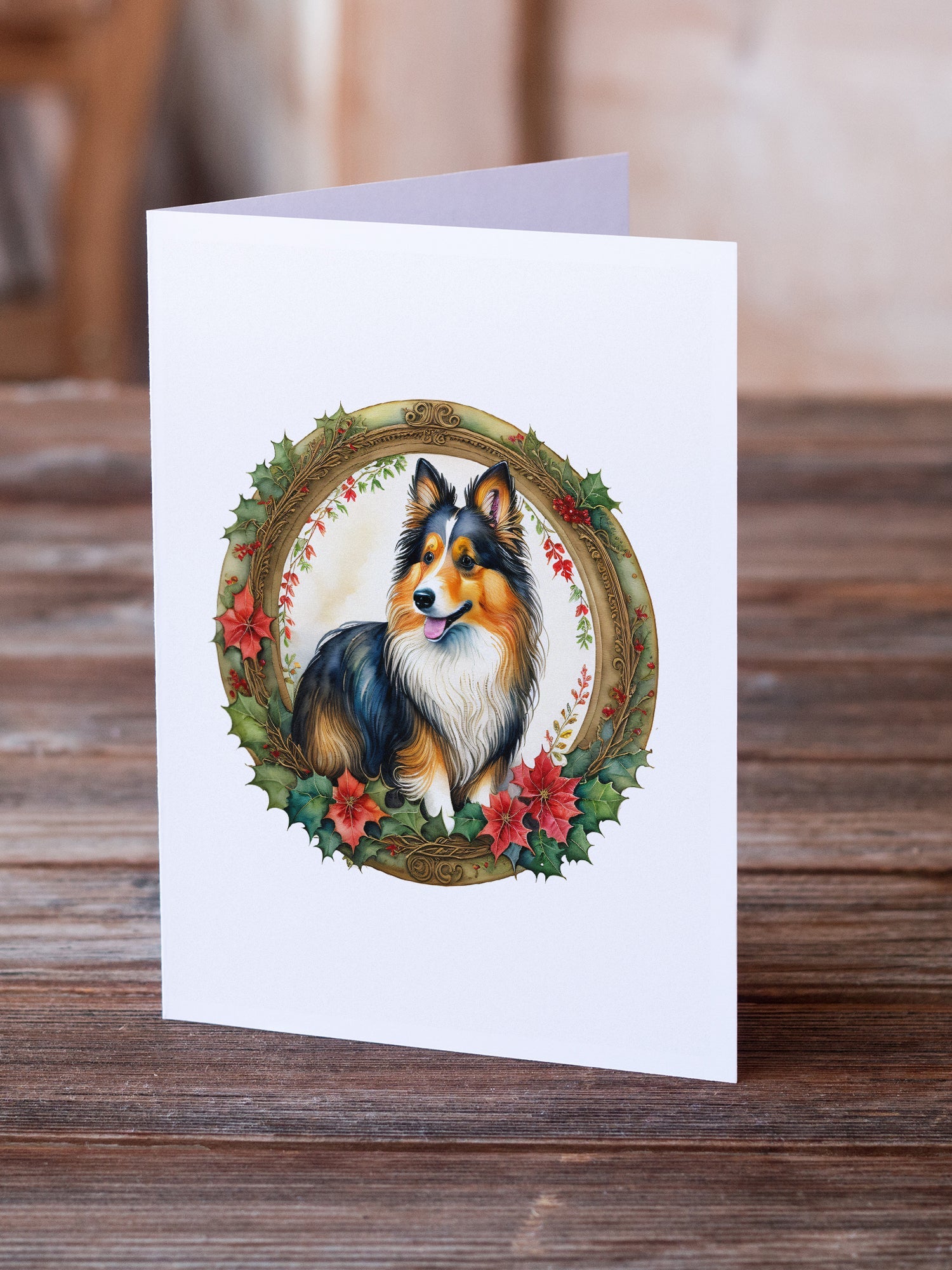 Sheltie Christmas Flowers Greeting Cards Pack of 8 Blank Cards with Envelopes Whimsical A7 Size 5x7