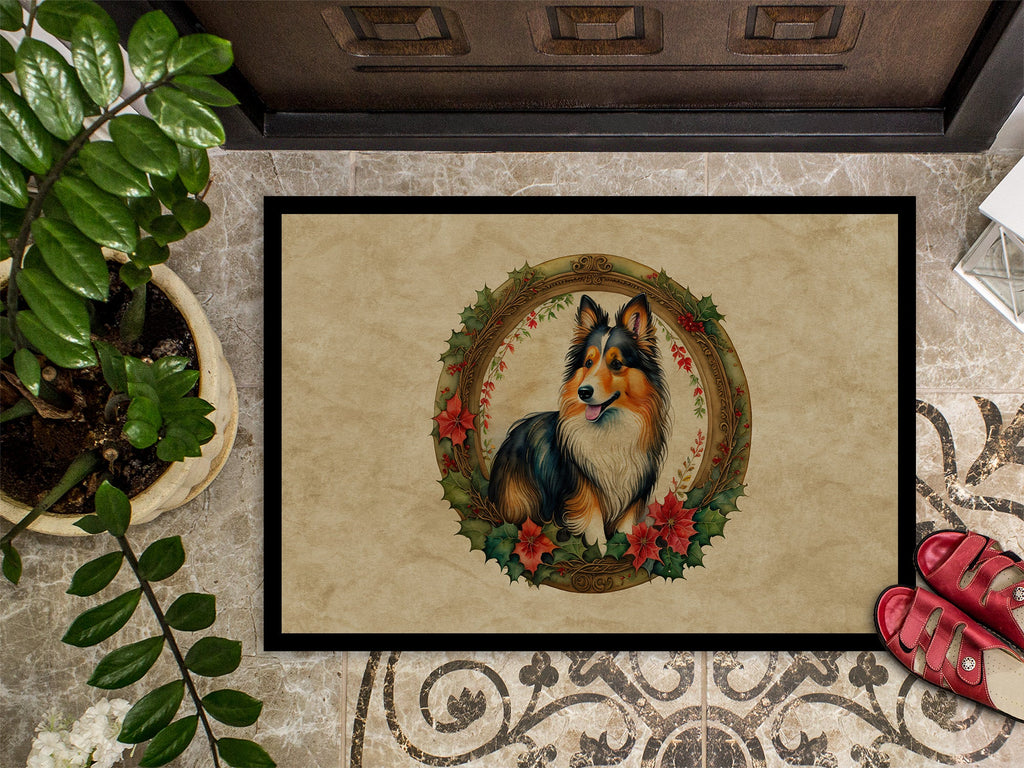 Sheltie Christmas Flowers Doormat Indoor Outdoor 24H X 36W Front Door Mat Rugs for Entryway, Non Slip Washable Low Pile,