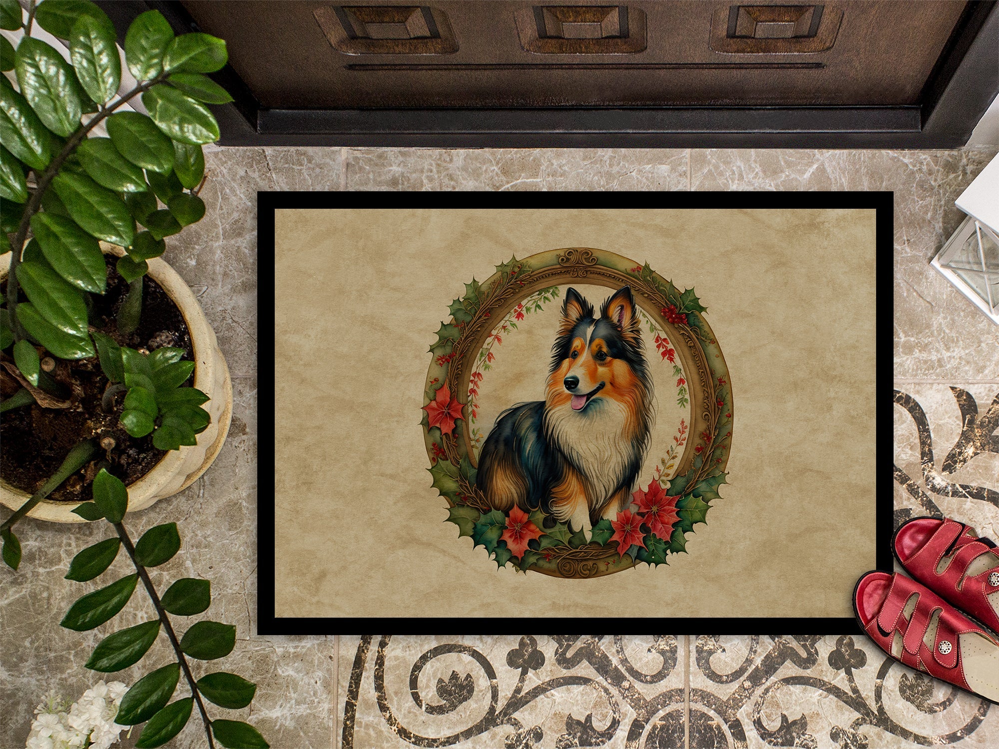 Sheltie Christmas Flowers Doormat Indoor Outdoor 24H X 36W Front Door Mat Rugs for Entryway, Non Slip Washable Low Pile,