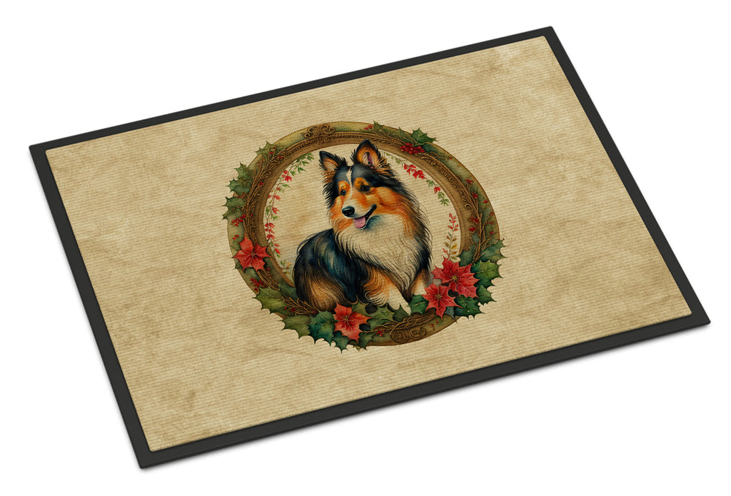 Sheltie Christmas Flowers Doormat Indoor Outdoor 18H X 27W Front Door Mat Rugs for Entryway, Non Slip Washable