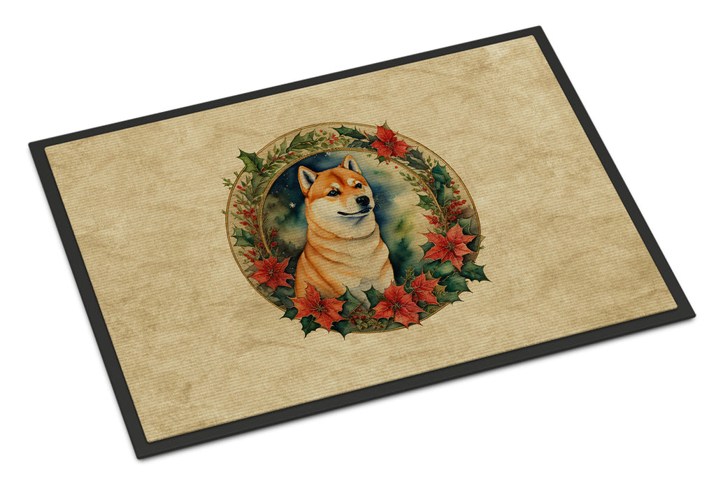 Shiba Inu Christmas Flowers Doormat Indoor Outdoor 24H X 36W Front Door Mat Rugs for Entryway, Non Slip Washable Low Pile,