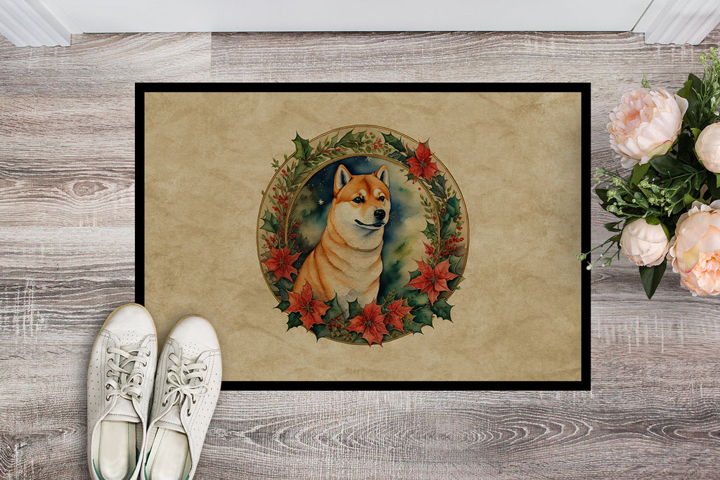 Shiba Inu Christmas Flowers Doormat Indoor Outdoor 24H X 36W Front Door Mat Rugs for Entryway, Non Slip Washable Low Pile,