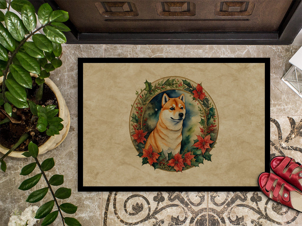 Shiba Inu Christmas Flowers Doormat Indoor Outdoor 24H X 36W Front Door Mat Rugs for Entryway, Non Slip Washable Low Pile,