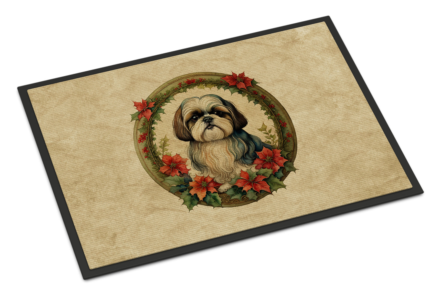 Shih Tzu Christmas Flowers Doormat Indoor Outdoor 18H X 27W Front Door Mat Rugs for Entryway, Non Slip Washable