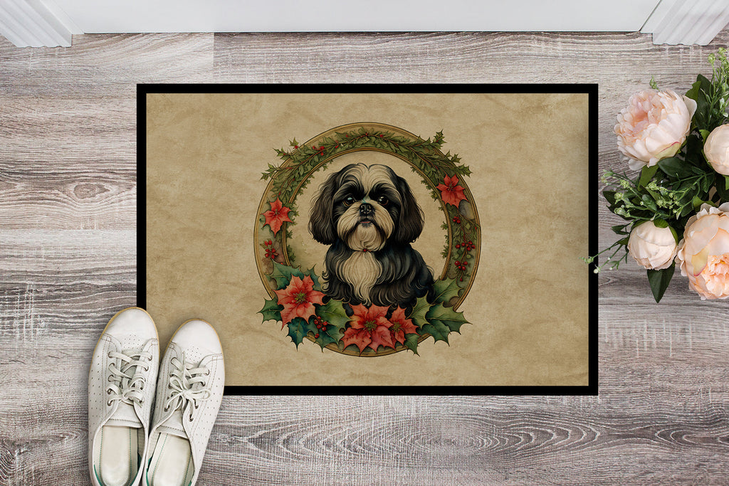 Shih Tzu Christmas Flowers Doormat Indoor Outdoor 24H X 36W Front Door Mat Rugs for Entryway, Non Slip Washable Low Pile,