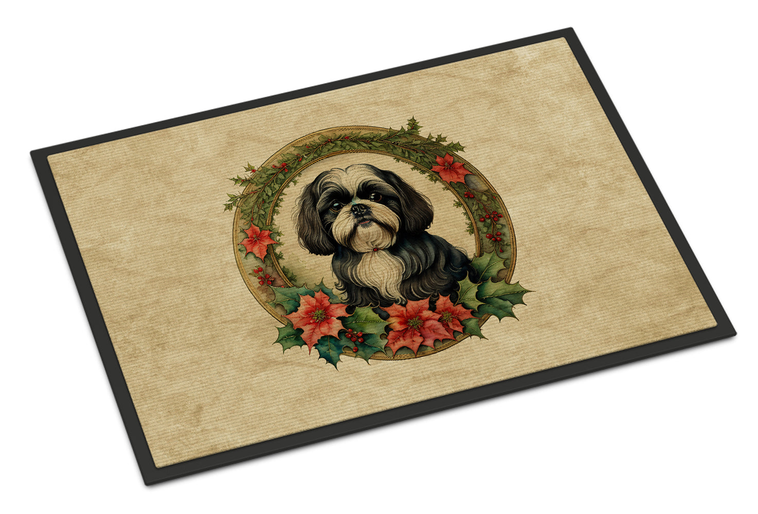 Shih Tzu Christmas Flowers Doormat Indoor Outdoor 18H X 27W Front Door Mat Rugs for Entryway, Non Slip Washable