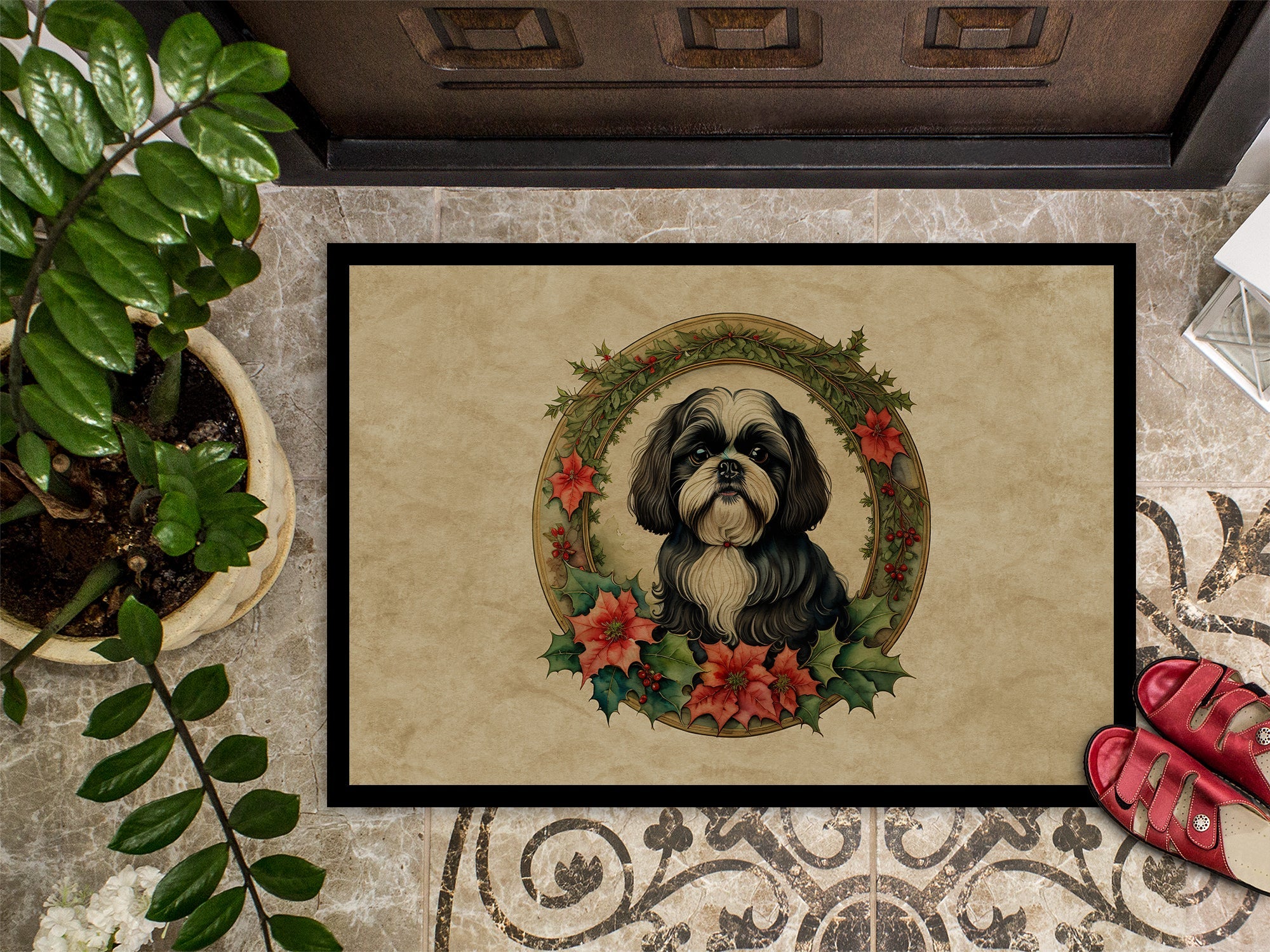 Shih Tzu Christmas Flowers Doormat Indoor Outdoor 18H X 27W Front Door Mat Rugs for Entryway, Non Slip Washable