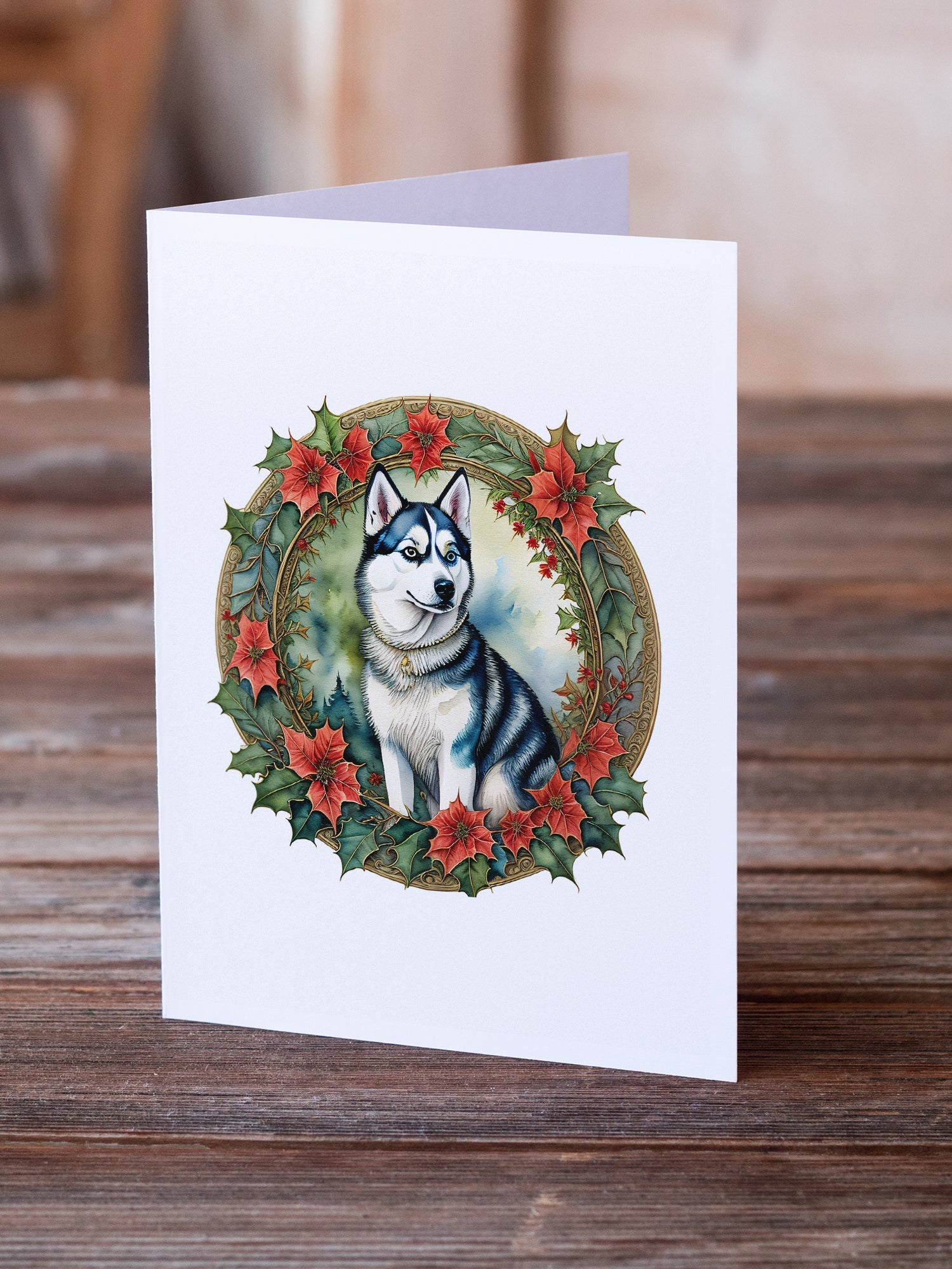 Siberian Husky Christmas Flowers Greeting Cards Pack of 8 Blank Cards with Envelopes Whimsical A7 Size 5x7
