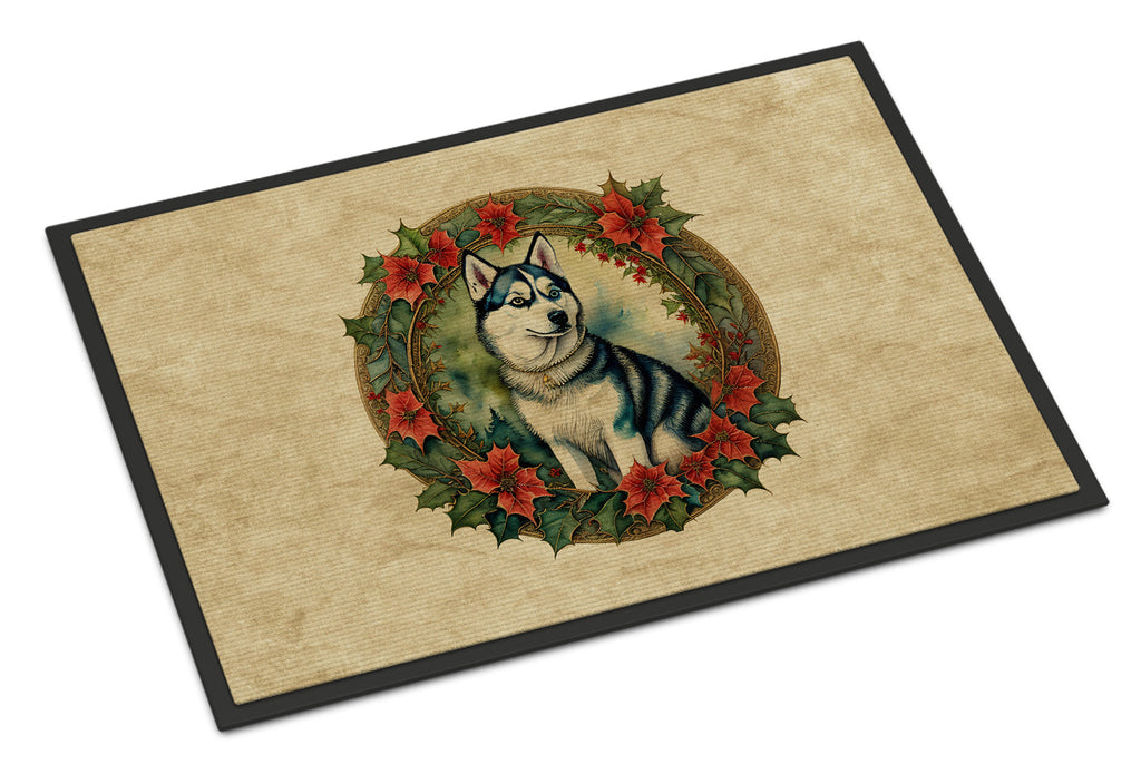 Siberian Husky Christmas Flowers Doormat Indoor Outdoor 18H X 27W Front Door Mat Rugs for Entryway, Non Slip Washable