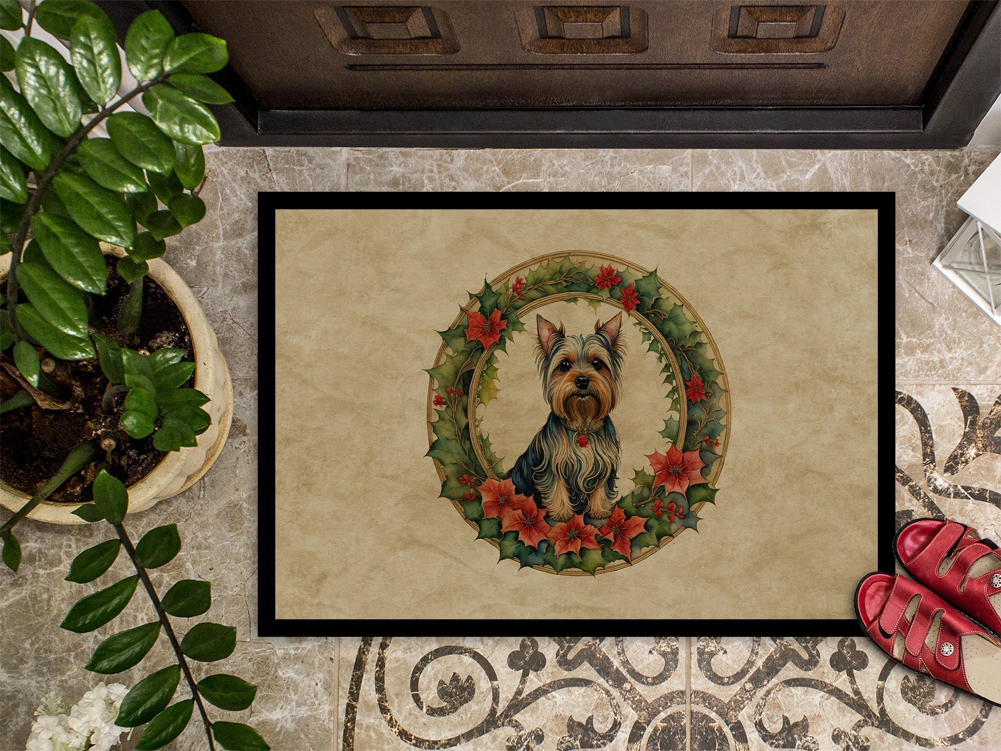 Silky Terrier Christmas Flowers Doormat Indoor Outdoor 18H X 27W Front Door Mat Rugs for Entryway, Non Slip Washable