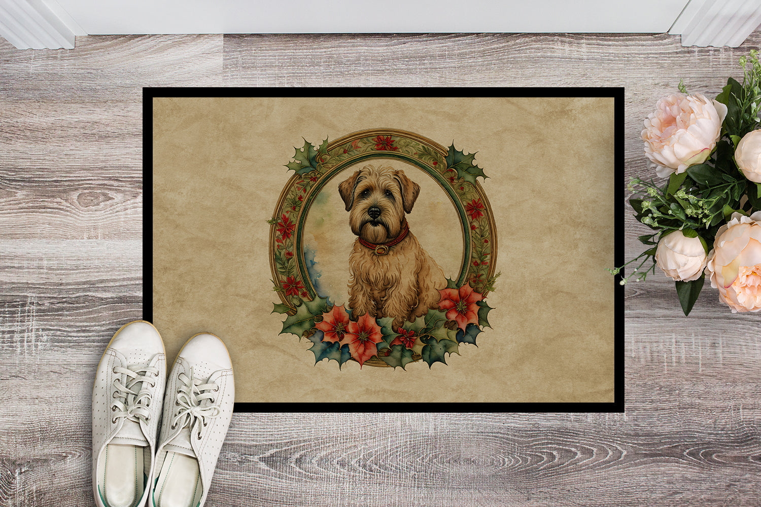Wheaten Terrier Christmas Flowers Doormat Indoor Outdoor 24H X 36W Front Door Mat Rugs for Entryway, Non Slip Washable Low Pile,