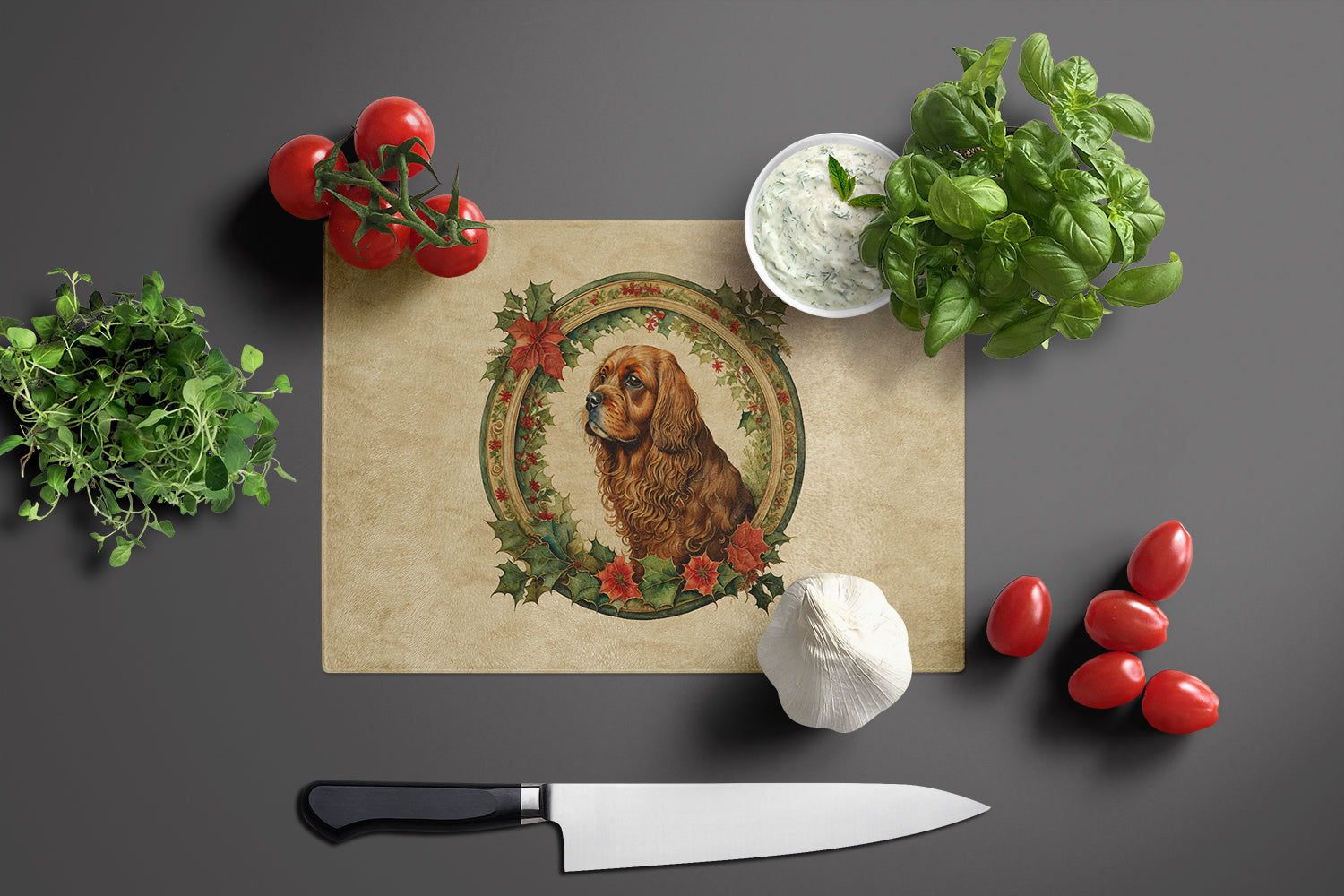 Sussex Spaniel Christmas Flowers Cutting Board Tempered Glass Kitchen Cutting Surface, Heat Resistant Chopping, Non-Slip Feet, Food Prep & Serving