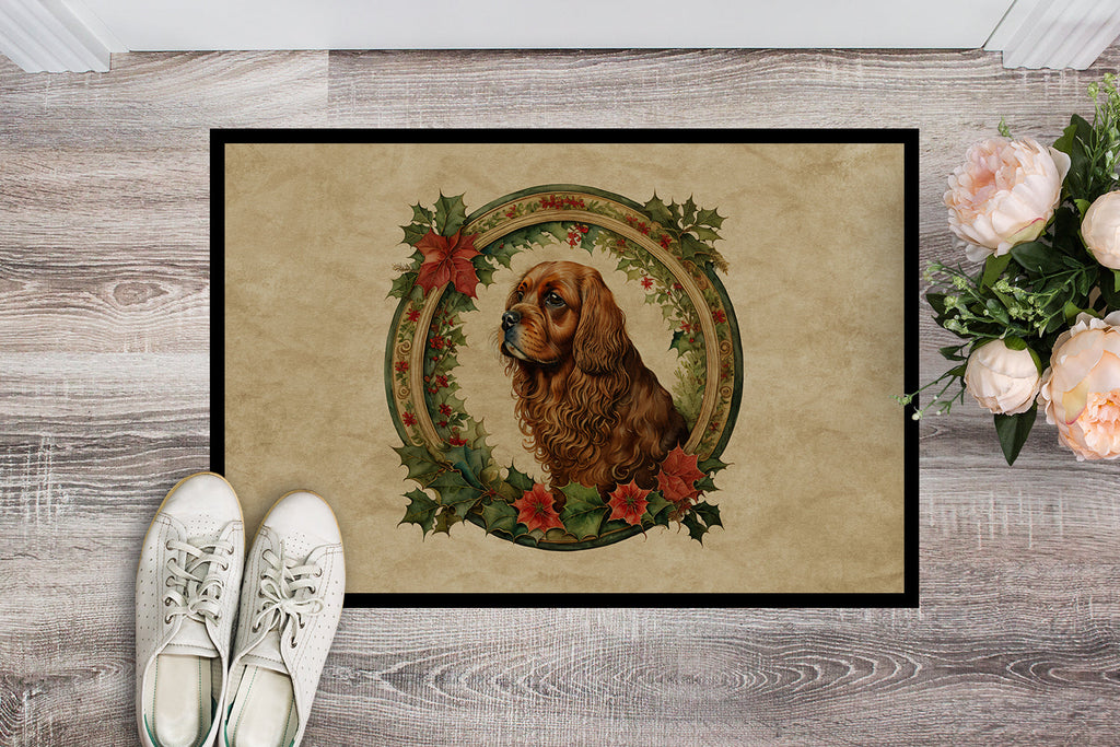 Sussex Spaniel Christmas Flowers Doormat Indoor Outdoor 18H X 27W Front Door Mat Rugs for Entryway, Non Slip Washable