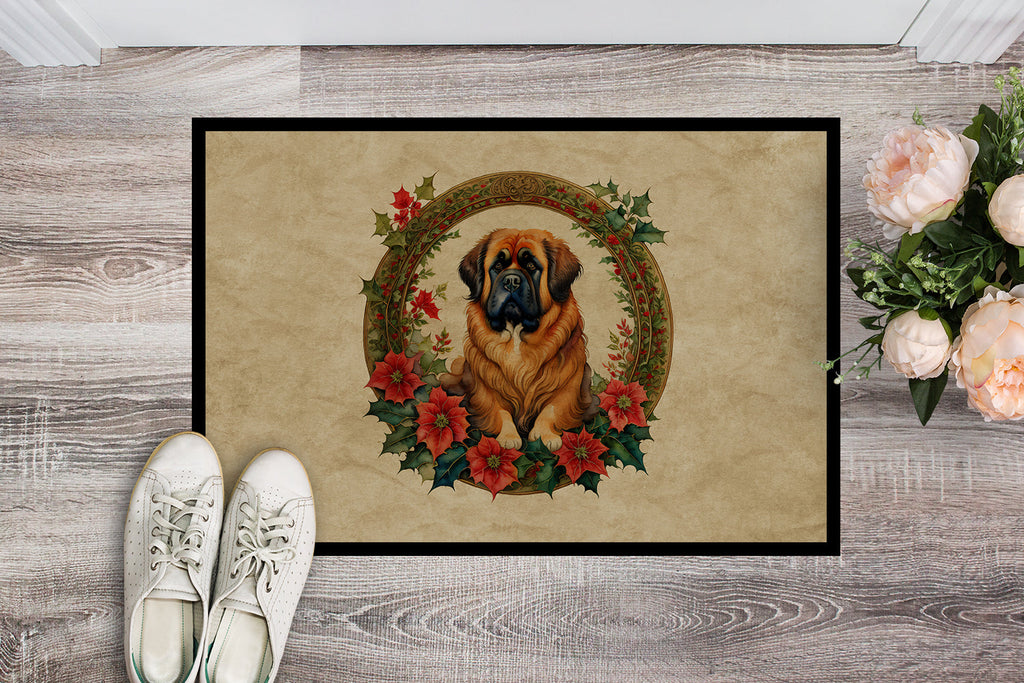 Tibetan Mastiff Christmas Flowers Doormat Indoor Outdoor 24H X 36W Front Door Mat Rugs for Entryway, Non Slip Washable Low Pile,