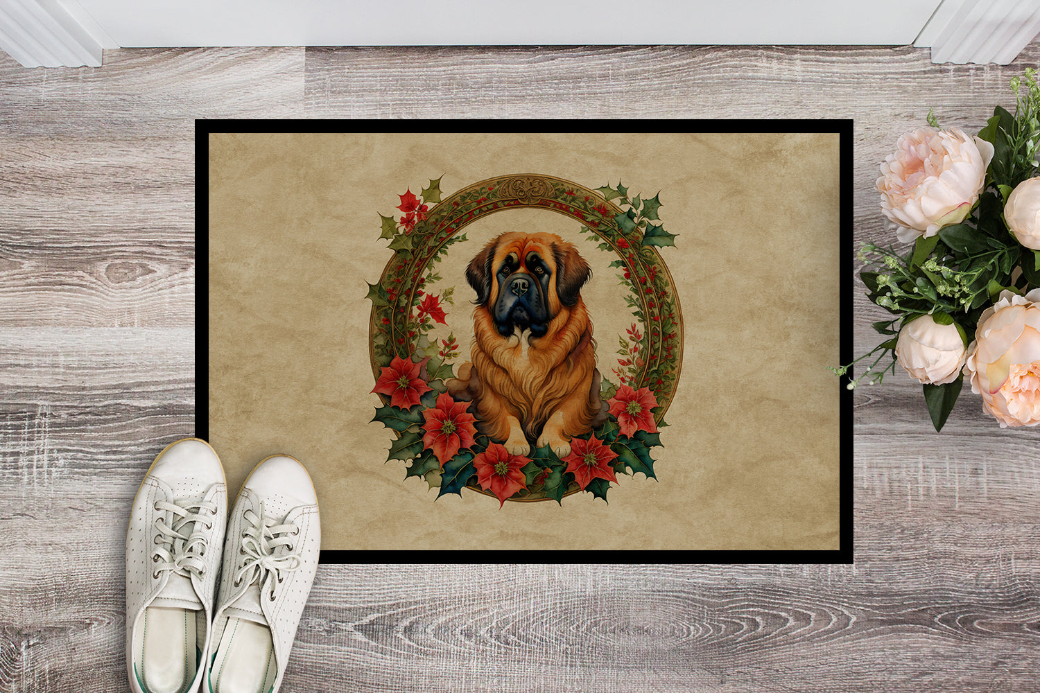 Tibetan Mastiff Christmas Flowers Doormat Indoor Outdoor 24H X 36W Front Door Mat Rugs for Entryway, Non Slip Washable Low Pile,