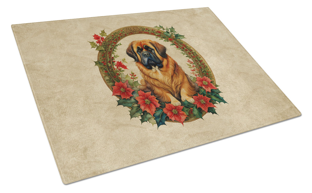 Tibetan Mastiff Christmas Flowers Cutting Board Tempered Glass Kitchen Cutting Surface, Heat Resistant Chopping, Non-Slip Feet, Food Prep & Serving