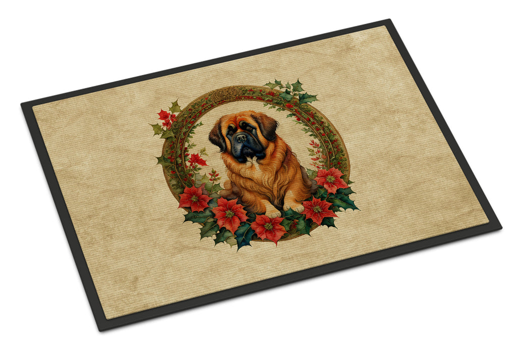 Tibetan Mastiff Christmas Flowers Doormat Indoor Outdoor 18H X 27W Front Door Mat Rugs for Entryway, Non Slip Washable