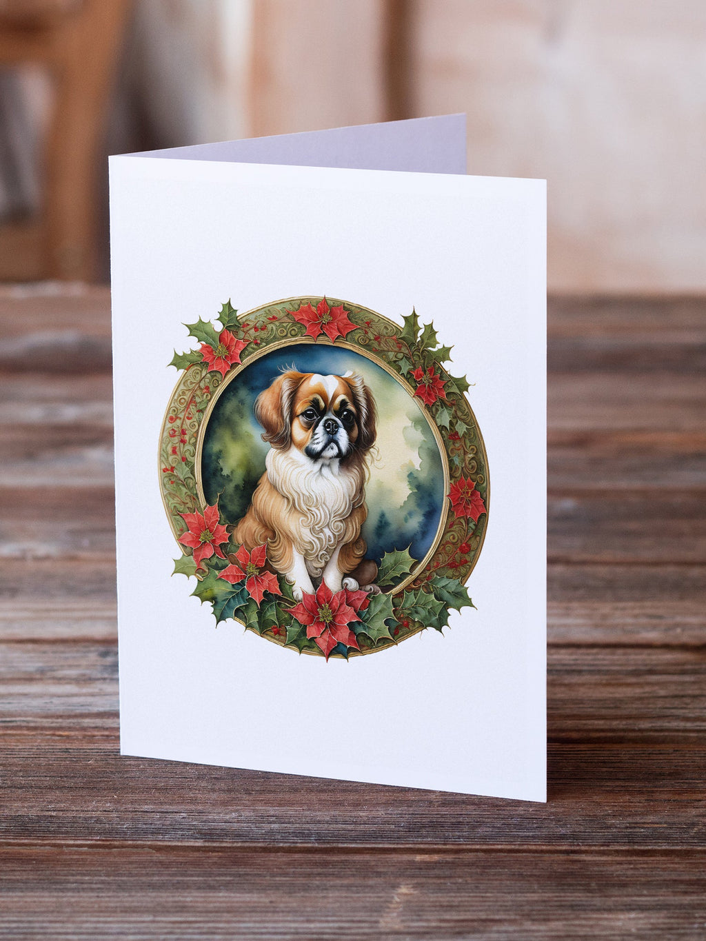 Tibetan Spaniel Christmas Flowers Greeting Cards Pack of 8 Blank Cards with Envelopes Whimsical A7 Size 5x7