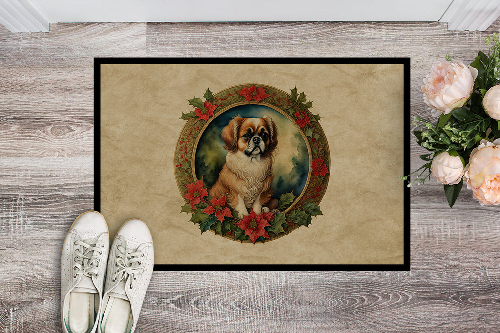 Tibetan Spaniel Christmas Flowers Doormat Indoor Outdoor 24H X 36W Front Door Mat Rugs for Entryway, Non Slip Washable Low Pile,