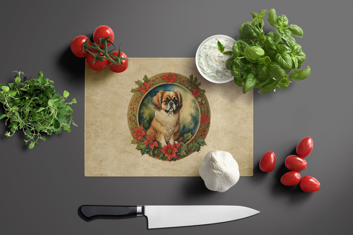 Tibetan Spaniel Christmas Flowers Cutting Board Tempered Glass Kitchen Cutting Surface, Heat Resistant Chopping, Non-Slip Feet, Food Prep & Serving