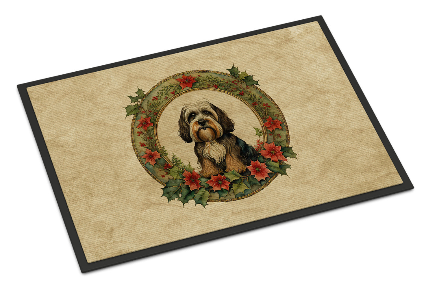 Tibetan Terrier Christmas Flowers Doormat Indoor Outdoor 24H X 36W Front Door Mat Rugs for Entryway, Non Slip Washable Low Pile,