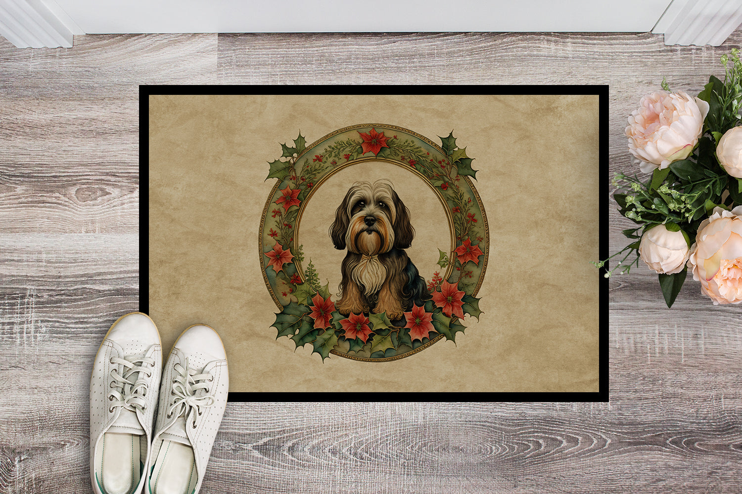Tibetan Terrier Christmas Flowers Doormat Indoor Outdoor 18H X 27W Front Door Mat Rugs for Entryway, Non Slip Washable