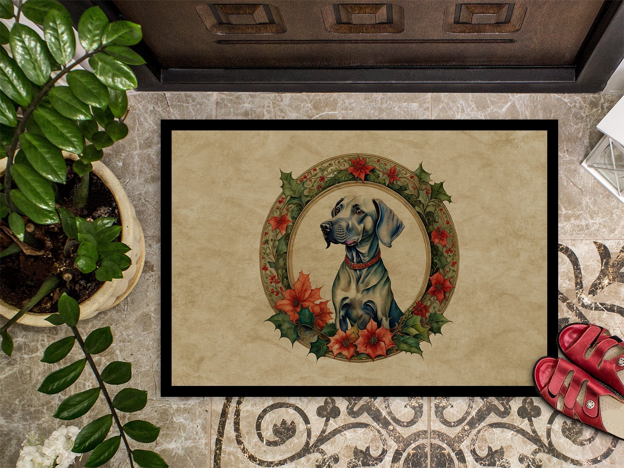Weimaraner Christmas Flowers Doormat Indoor Outdoor 18H X 27W Front Door Mat Rugs for Entryway, Non Slip Washable