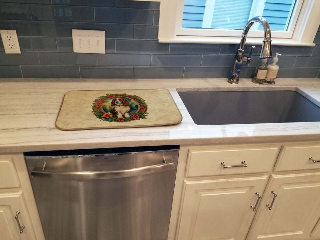 Welsh Springer Spaniel Christmas Flowers Dish Drying Mat Absorbent Dish Drying Mat Pad for Kitchen Counter Dish Drainer Mat for Countertop, 14 x 21", Multicolor