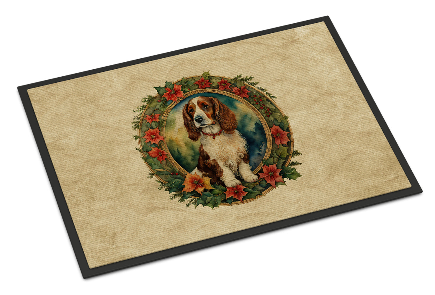 Welsh Springer Spaniel Christmas Flowers Doormat Indoor Outdoor 24H X 36W Front Door Mat Rugs for Entryway, Non Slip Washable Low Pile,