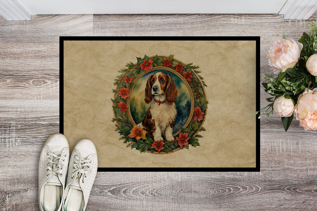 Welsh Springer Spaniel Christmas Flowers Doormat Indoor Outdoor 24H X 36W Front Door Mat Rugs for Entryway, Non Slip Washable Low Pile,