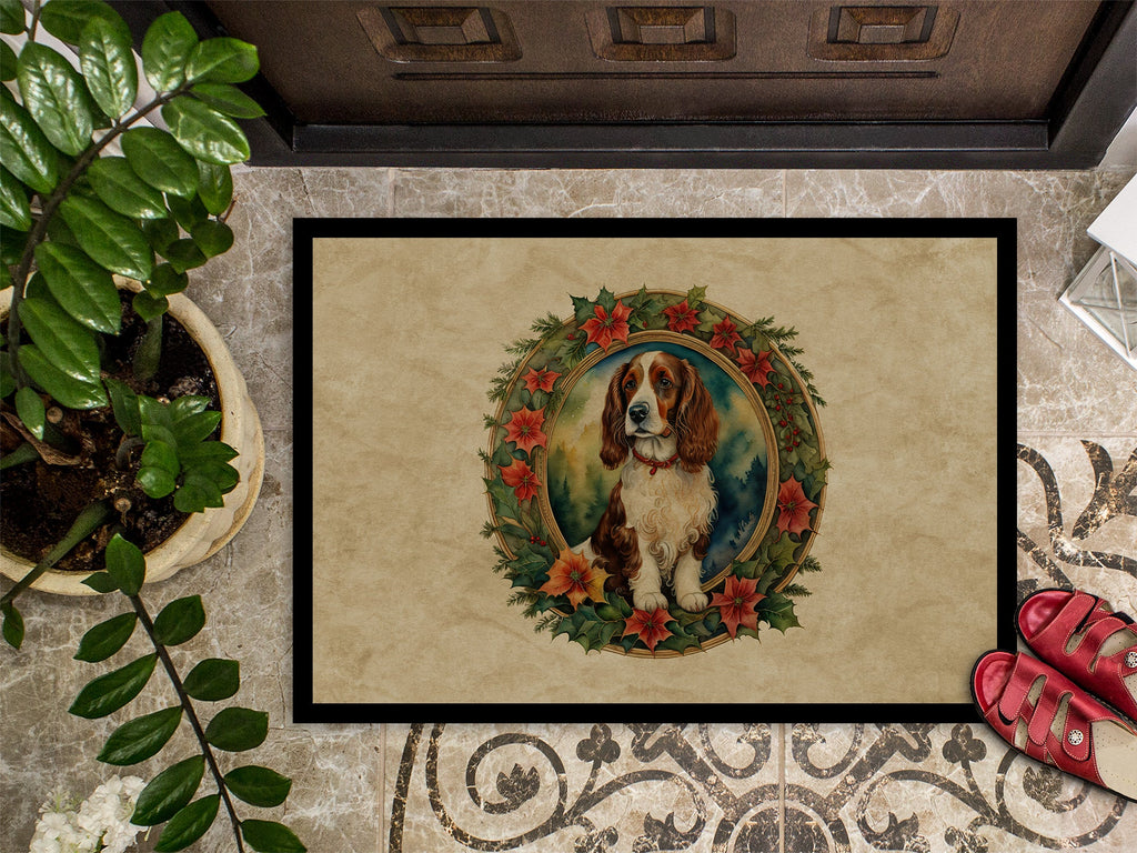 Welsh Springer Spaniel Christmas Flowers Doormat Indoor Outdoor 18H X 27W Front Door Mat Rugs for Entryway, Non Slip Washable