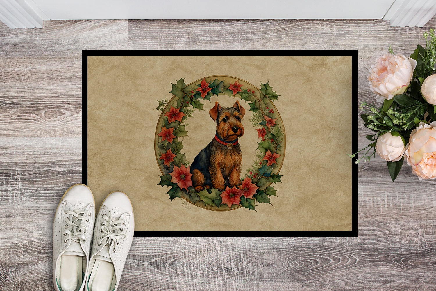 Welsh Terrier Christmas Flowers Doormat Indoor Outdoor 24H X 36W Front Door Mat Rugs for Entryway, Non Slip Washable Low Pile,