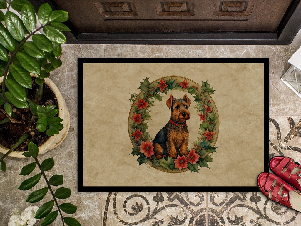 Welsh Terrier Christmas Flowers Doormat Indoor Outdoor 24H X 36W Front Door Mat Rugs for Entryway, Non Slip Washable Low Pile,
